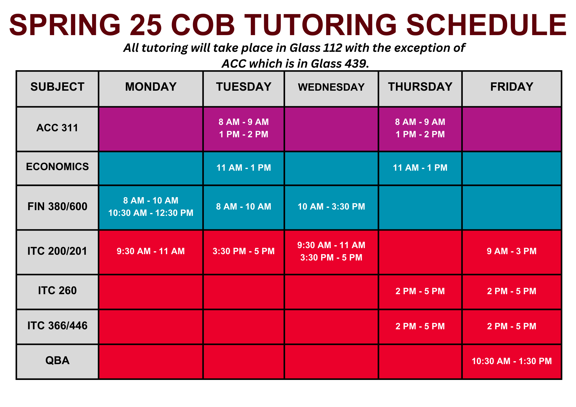 Spring 2025 Tutoring Lab Schedule